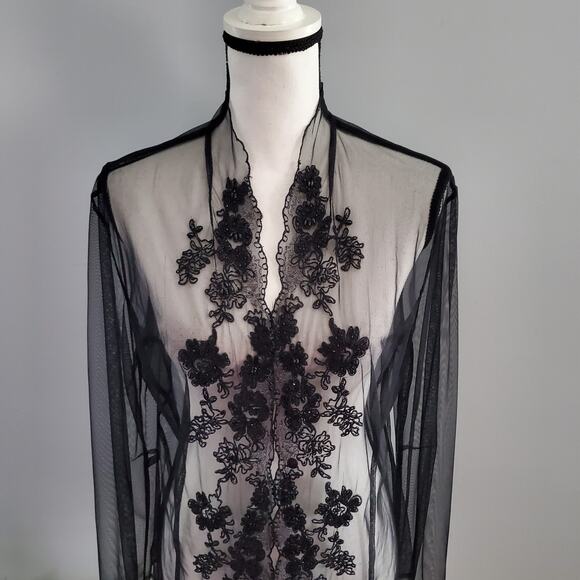 Bloomingdale's Black Sheer Beaded Button Down Top 14 - Picture 3 of 8